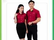 Mẫu áo sơ mi đồng phục In Minh Khang màu đỏ đô