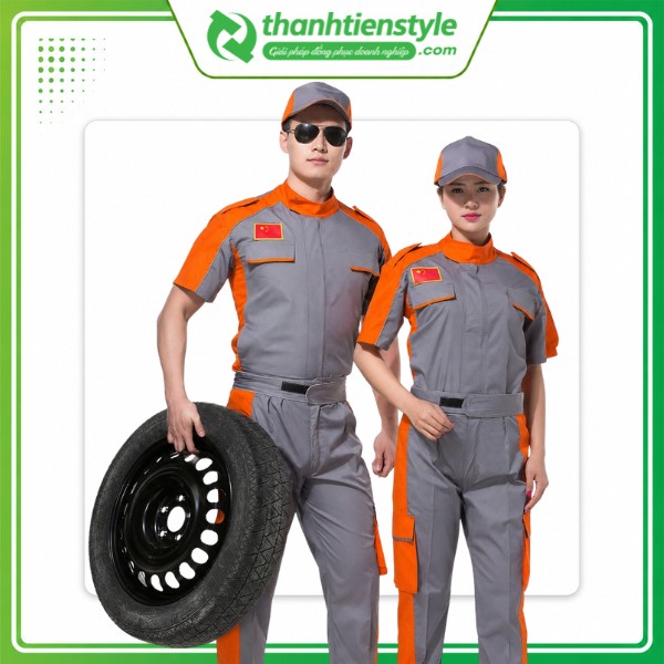 Mẫu đồng phục kỹ thuật garage ô tô xám phối cam