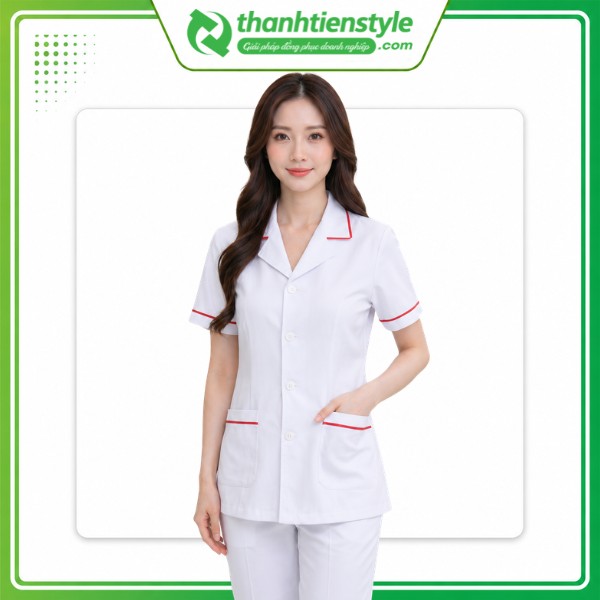 Mẫu áo đồng phục y tá tay ngắn viền đỏ