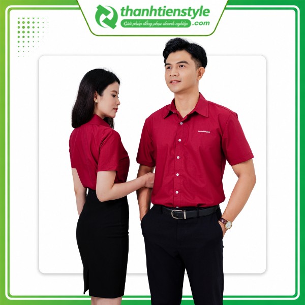 Mẫu áo sơ mi đồng phục In Minh Khang màu đỏ đô